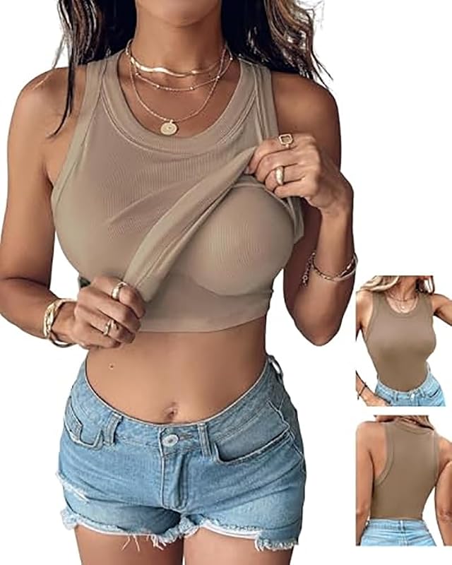 CHICME Mujer corpiño incorporado Tops Camisas informales sin mangas Racerback Ribbed Fitted Tank Tops
