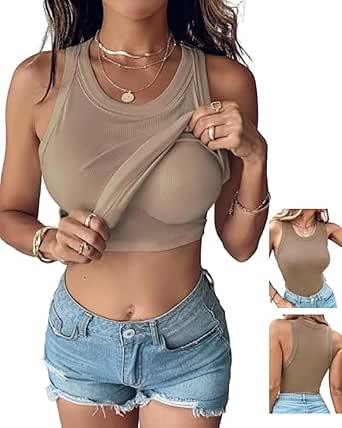 ChicMe Women Built-in Bra Tank Top, Sleeveless Casual Ribbed Fitted Shirt, Racerback