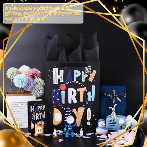Image of 13 inch Black Happy Birthday Bag with Tissue Paper and Greeting Card for Party,Happy Birthday Gift Bag for Men Women,Gift Bags Medium size (1 PCS Black, Gift Bag)