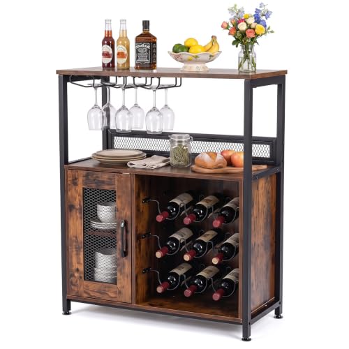 GIANTEX Mueble Organizador de Bar con Estantes para 9 Botellas y 3 Portavasos, Armario para Vino con Puerta de Rejillas, Kit Antivuelco, 75 x 34 x 90,5 cm, Aparador para Cocina, Comedor