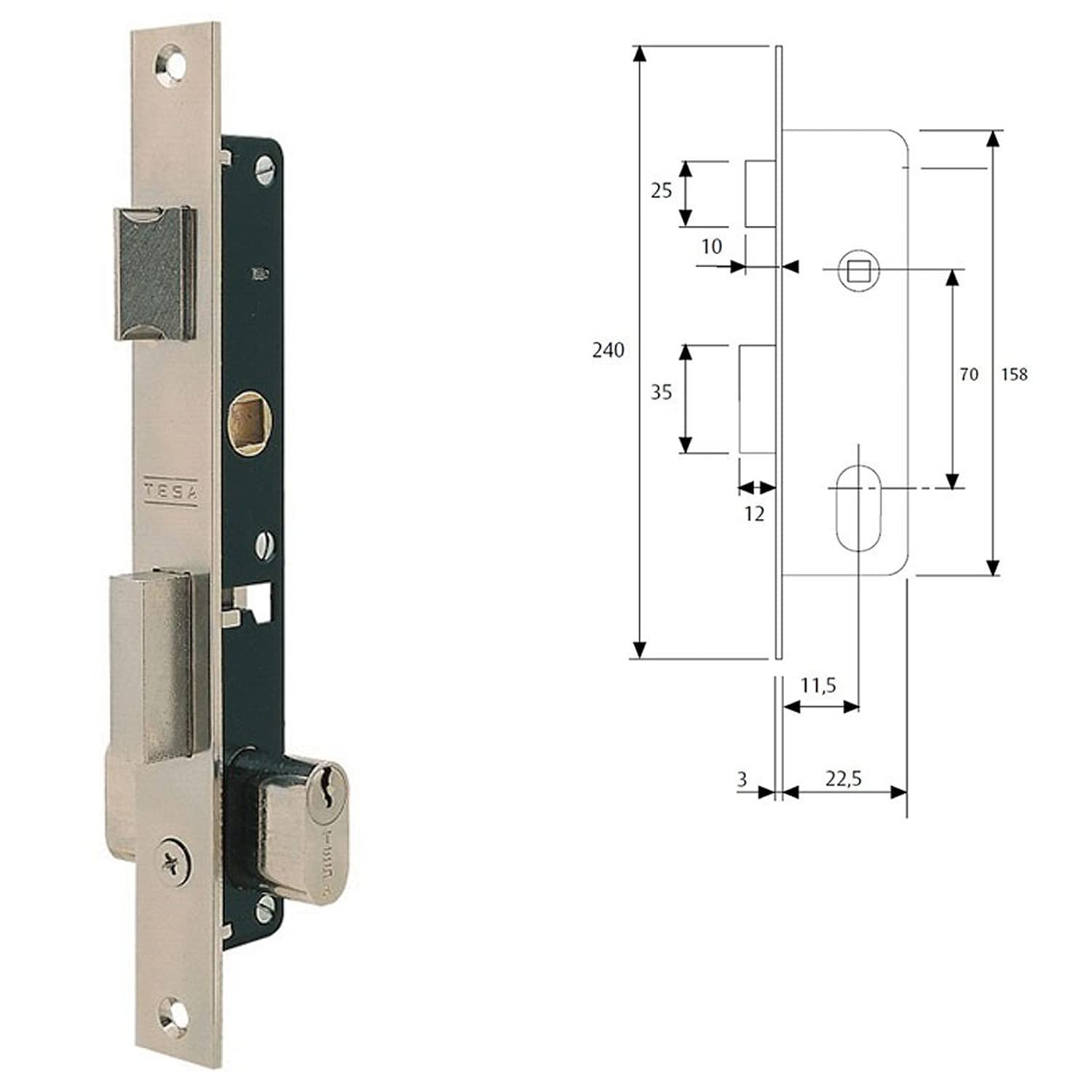 TESA 2220 Einsteckschloss für Metallprofile Dornmaß 5 mm, Schwarz (mattvernickelt) für Aluminium- und Stahlprofile