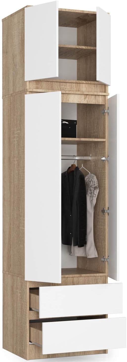 Interior view of AKORD S60 wardrobe showing shelves, rail, and drawers