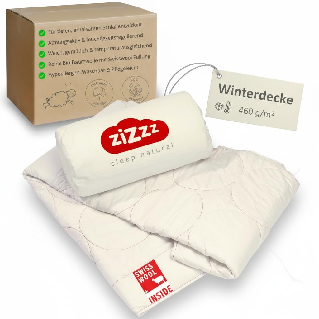 Winter Bettdecke extra warm Bio Baumwolle in Premium Qualität - 460g/m2 Swisswool Füllung (135x200 cm)