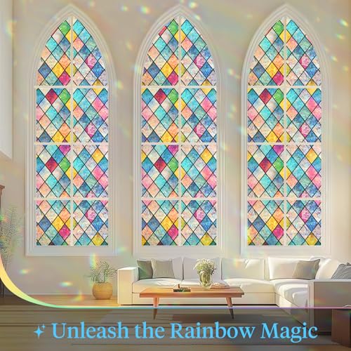 Haton Stained Glass Window Film, Rainbow Window Privacy Film, Decorative Sun Blocking Glass Clings Stickers, Static Cling Colorful Lattice Coverings Decals for Home Door 35.4" x 157.4"