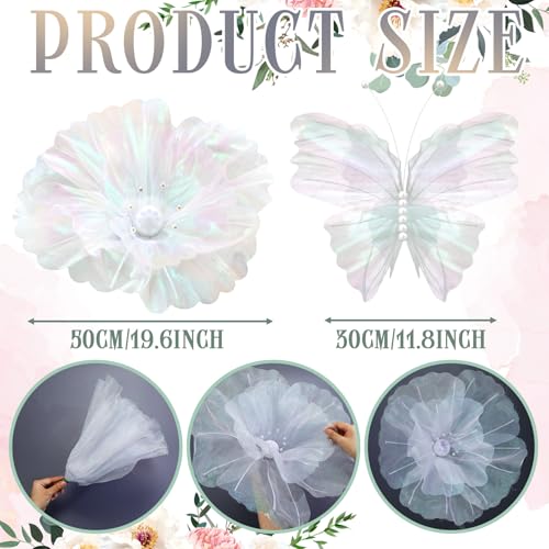 Image of Cinnvoice 8 Pcs Laser White Large Butterfly Flower Decorations 20 Inch 12 Inch 3D Giant Laser White Silk Butterfly Big Flower Mariposas Grandes para Decoracion for Wedding Backdrop Birthday Party