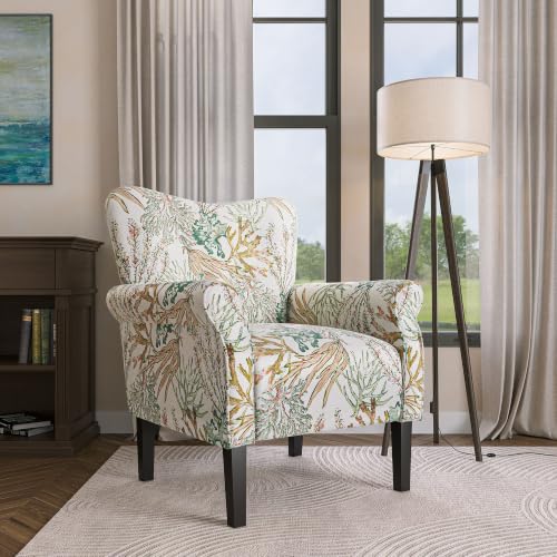 Image of BELLEZE Modern Accent Chair for Living Room, High Back Linen Armchair with Wooden Legs, Upholstered Wingback Side Chair Padded Armrest Single Sofa for Living Room, Bedroom - Allston (Green Coral)