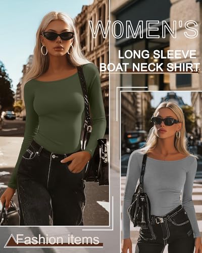 Neer 3 Pack Women's Tight Long Sleeve Shirts, Slim Fitted Boat Neck Tees Going Out Basic Trendy Y2k Tops2