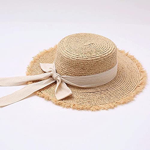 UKKO-Chapeau-de-Paille-Summer-Sun-Hat-Bow-Raffia-Hat-Visor-Temperament-Flat-Straw-Hats-Womens-Sea-Beach-Vacation-Leisure-Sunscreen-Hats