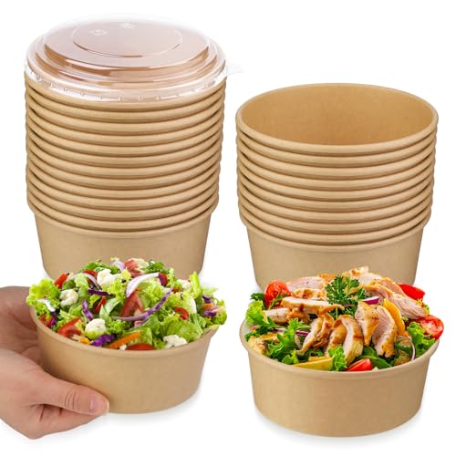 Image of 25 oz 25 Pcs Paper Bowls, Disposable Meal Prep Containers with Clear Lids | Disposable Salad Bowls with Lids, 750 ML Round Disposable Food Containers Suit for BBQ, Gatherings and Parties