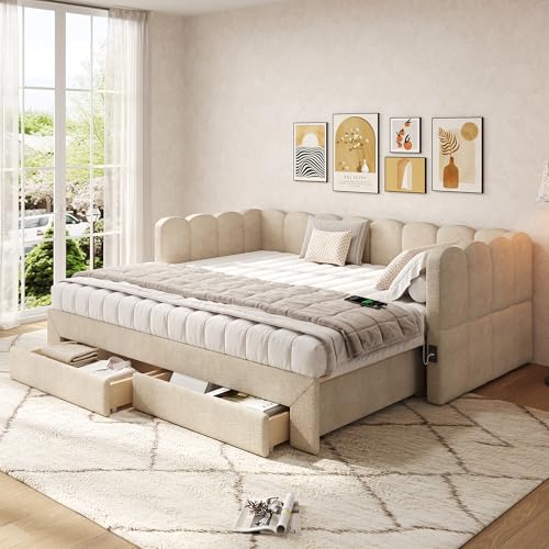 Kebnor Cama tapizada, cama de día, sofá cama, con 2 cajones para almacenamiento, sofá cama, extensible a 180 cm, con puerto USB (chenilla beige, 90 x 190 cm)