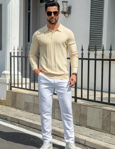 MioRoim Men's Knit Polo Shirts Casual Long Sleeve Polo Sweater Cable Ribbed Knitted Sweaters Vintage Golf Pullover Shirt4