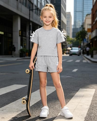 SOLOYEE Girl Clothes 5T 6T Toddler Girls Summer Outfits White Bows Short Sleeved Top + Shorts Cute 2 Piece Clothing Set for Little Girls (Grey, 5-6 Years) — view 4