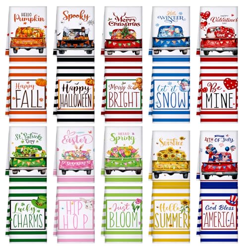 FuWeave 20 Pcs Holiday Kitchen Towels Set Seasonal Decorative Hand Towels Bulk Summer Patriotic 4th of July Tea Dishcloths with Hanging Loop for Kitchen Bathroom Cooking(Striped)