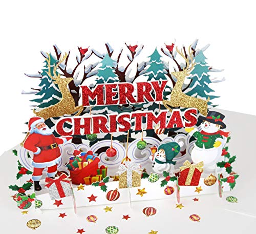 MOKIO® Carte de Noël Pop-Up avec gaufrage doré - Père Noël, bonhommes de neige et cadeaux - Carte de vœux 3D Joyeux Noël, carte cadeau de Noël fait main avec enveloppe Cover