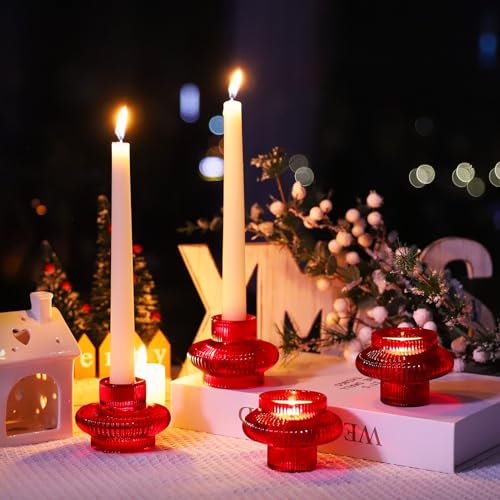 VOHO Vintage Red Candlestick Holders for Christmas Decorations, 6pcs Stackable Candle Stick Candle Holder for Valentines Day Decoration, Ribbed Taper Candle Holders for Candlesticks & Tea Lights by VOHO - Image 2