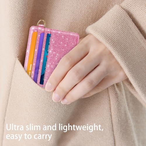 Image of Slim Minimalist Pocket Credit Card Holder Wallet Women | RFID Blocking Lightweight Thin Small Cute Card Cases, Glitter Peach