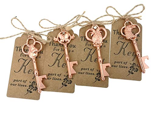40pcs Skeleton Key Bottle Opener Wedding Party Favor Souvenir Gift with Escort Tag and Jute Rope (Rose Gold Tone,4 Styles)