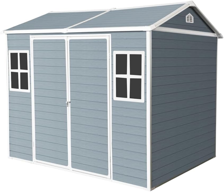 8 x 6ft Resin Outdoor Storage Shed Waterproof Shed with Floor & Two Windows & Lockable Door, Tool Shed for Garden, Patio, Backyard,Black (Grey + Polypropylene)