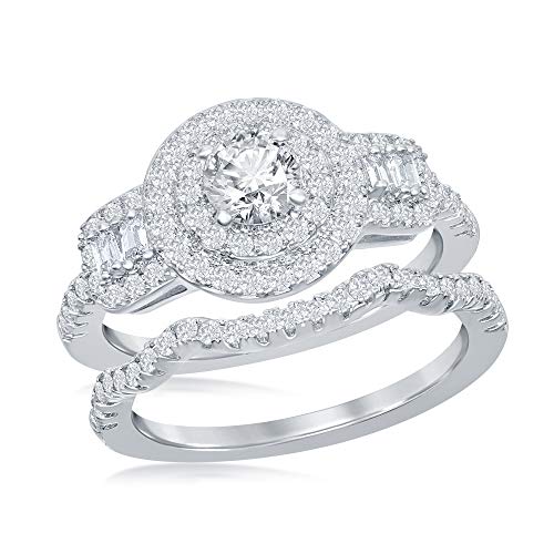Beaux Bijoux Silver Tone Double Halo Simulated Diamond Baguette CZ Engagement Ring and Band Set (Size 9)
