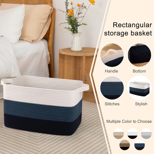 Image of OIAHOMY Blanket Basket, Rectangle Woven Baskets, Nursery Blanket Storage Living Room, Toy Storage With Handle, Large Baskets for Organizing-17.7 inchx13.8 inchx11 inch-Gradient Blue