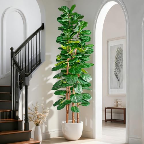 Image of Artificial Fiddle Leaf Fig Tree 7FT, Faux Fig Tree Indoor with Natural Wood Trunk & Realistic Leaves with Moss Pot Fake Ficus Tree Large Faux Floor Plant for Living Room Home Decor, House Plant