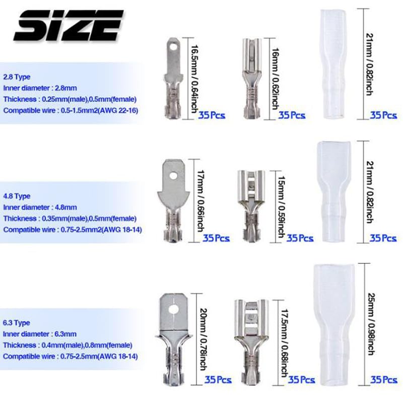 Lot de 315 connecteurs isolés mâles femelles 2,8/4,8/6,3 mm pour fils électriques