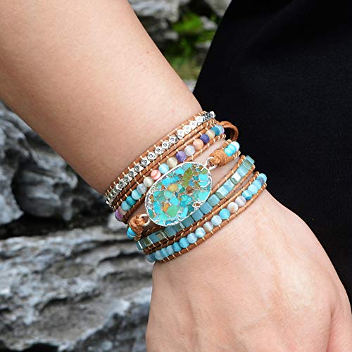 Zengori Handmade Wrap Bracelet Turquoise, Jasper & Amazonite Natural Stones Leather Charm 5 Strands Boho Bracelet Hd0034 #TOP5
