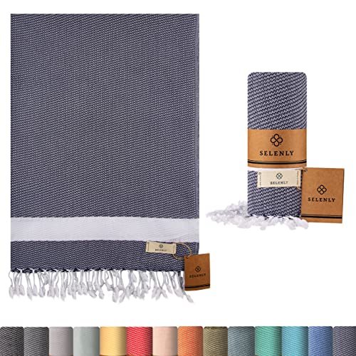 Selenly 100% Cotton Turkish Towel, Oversized Turkish Beach or Bath Towel, Pre-Washed, Light & High Absorbent, Quick Dry, Sandless Beach Blankets, 37x71 Inches (Navy Blue)