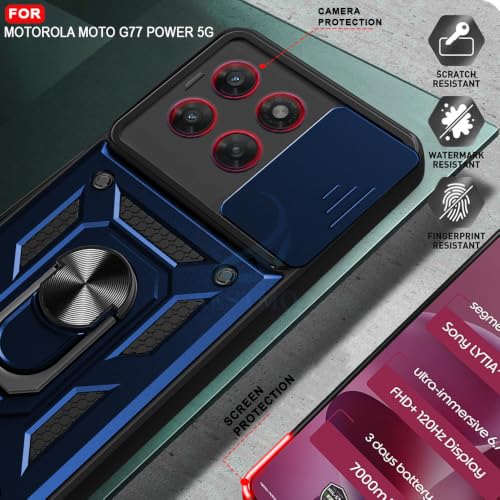 Image of AESTMO Tough Armor Motorola Moto G77 Power 5G Bumper Back Case Cover | Ring Holder & Sliding Camera Shield Cover | 360 Degree Protection Back Case Cover for Motorola Moto G77 Power 5G (Blue)