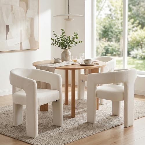 Image of HNY Modern Barrel Kitchen & Dining Room Chairs Set of 4, Chenille Upholstered Accent Chairs with Arm, 18.5'' Wide Side Armchairs Vanity Chairs for Living Room Bedroom Makeup Small Spaces, White