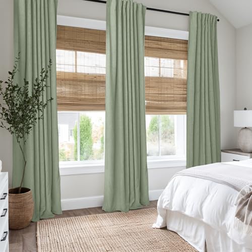INOVADAY 100% Blackout Curtains 90 Inches Length 2 Panels Set, Back Tab/Rod Pocket Linen Black Out Curtains for Bedroom, Thermal Insulated Window Drapes - Sage Green, W50 X L90