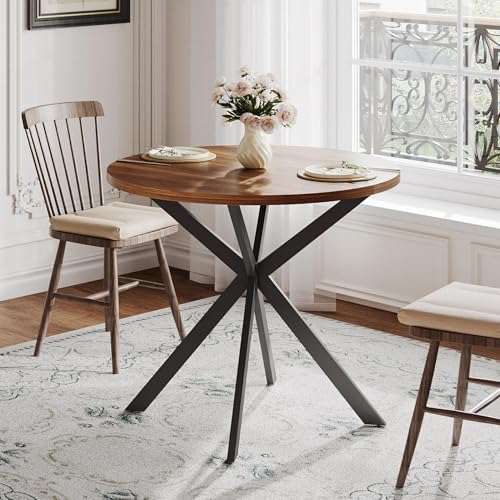 Image of ChooChoo Round Dining Table for 2, Farmhouse Wood Kitchen Table, Circle Dinner Table for Kitchen & Dining Room, Small Space, 31.5In, Walnut