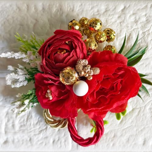 Image of ADIKALA Handmade Artificial Big Peonies 3 Flower Bunch for Trousseau Packing, Ready to use Flower Brooch Hamper for Decoration, Gift Wrapping Flowers (6, Red)
