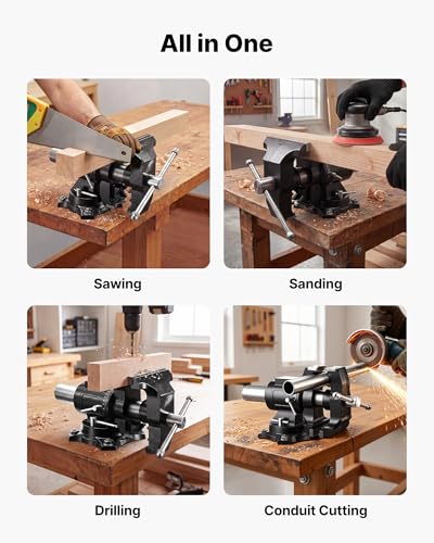 Image of VEVOR Heavy Duty Bench Vise, 5.5 inch Jaw Width, Double Swivel Rotating Multi-Purpose Bench Vise, with 360 Locking Swivel Base and Head, 2.76 inch Throat Depth, 5 inch Max Jaw Opening, for Drilling Pipe Cutting