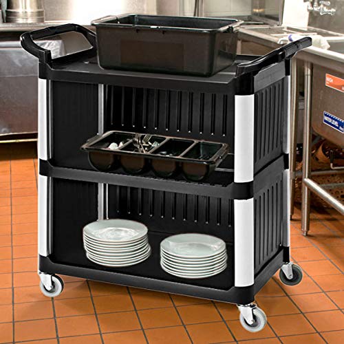 SHANGPEIXUAN Commercial Service Carts Heavy Duty 3 Shelf Plastic Utility Cart for Transporting Food, Dishes, or Janitorial Supplies(Black 40 x 19.6)
