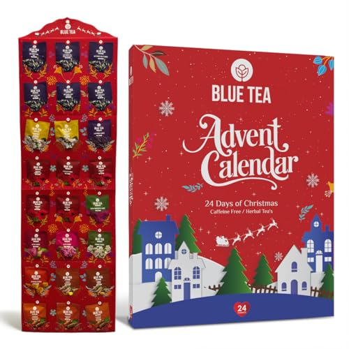 BLUE TEA - Advent Calendar 2025 (Red) - 24 Tea Bags - Plant Based - 24 Unique Tea | Limited Edition | Sampler &amp; Variety Pack | Caffeine Free - Herbal Tea - Christmas Holiday Unique Advent Calendar Tea Gift Set | Gift Idea for Men and Women