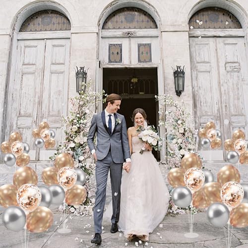 Image of 4 Set Balloon Stand with Champagne Silver Balloons and Pump | For Birthday Bridal Shower Wedding Engagement Anniversary Retirement Mother's Day New Years Party Supplies