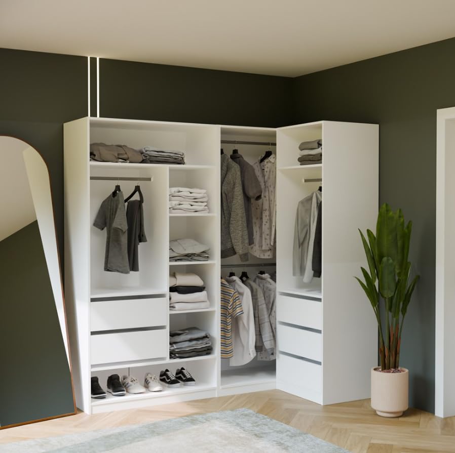 BDW - OPENO Modulares Garderoben Set – Offener Kleiderschrank - Moderne Garderobe mit Kleiderstangen, Schubladen, Regalen und Aufsätzen für Schlafzimmer, Flur oder Ankleidezimmer - Modul 260x200, Weiß
