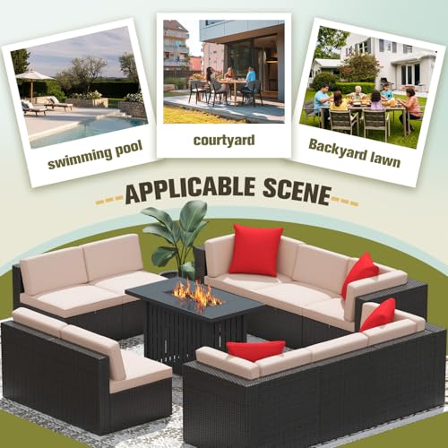 Image of Greesum Patio Furniture Sets 11-Pieces Outdoor PE Rattan Sectional Sofa w /43in Gas Fire Pit Table 55000 BTU Add Warmth to Gatherings Parties On Deck Garden Backyard,Beige