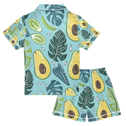 senya Avacado with Tropical Leaves Satin Summer Pajama Sets Silk Short Sleeve Button Down Sleepwear2