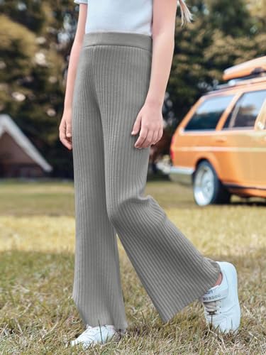 Image of Haloumoning Girls Solid Rib Knit Wide Leg Pants Elastic Waist Flowy Casual Sweater Pants 5-14 Years