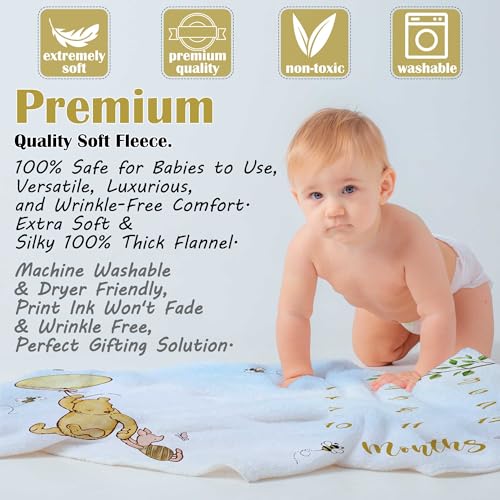 Image of Classic Winnie Baby Milestone Blanket with Wooden Marker, First Year Monthly Growth Mat, Cute Baby Shower Milestone Monthly Blanket