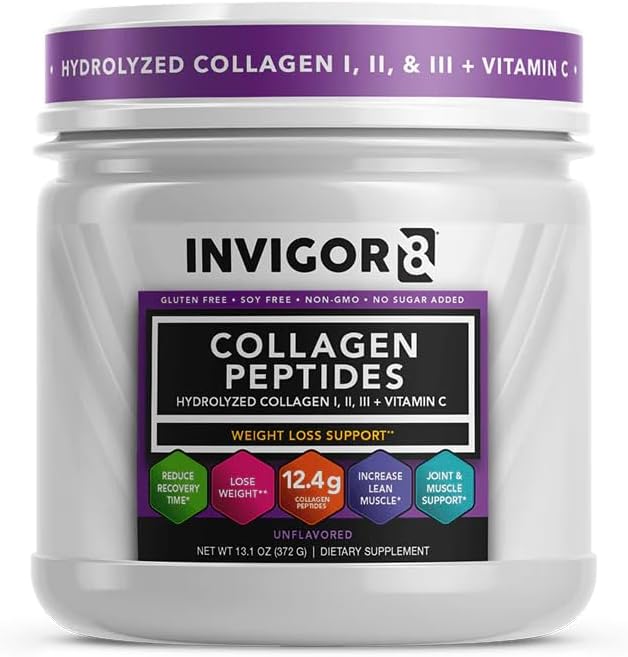 INVIGOR8 Collagen Peptides Powder Hydrolyzed with Vitamin C Type I, II, & III Unflavored Non-GMO Grass-Fed Supplement Supports Joints, Skin, Hair, Nails and Anti-Aging 12.4g