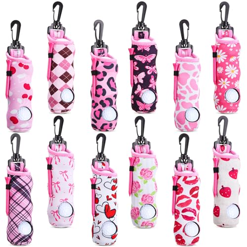 WILLBOND 12 Pcs Golf Ball Tee Holder Neoprene Pouch Golf Ball Carry Bag Multicolor Portable Accessories for Man Woman(Pink Colors,Lady Style)