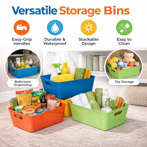 Image of Plastic Storage Organizer Bins with Handles (Pack of 3) | Multipurpose Storage Basket for Kitchen, Pantry, Bathroom, Office & Kids Room | Stackable Durable Storage Containers for Home Organization