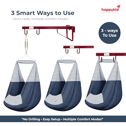 Image of Happykid Baby Cradle Set | Durable Cotton Cloth, Mosquito Net, Spring, Triangle and Window Hanger Jhoola, Thottil (Navy, with Bed)