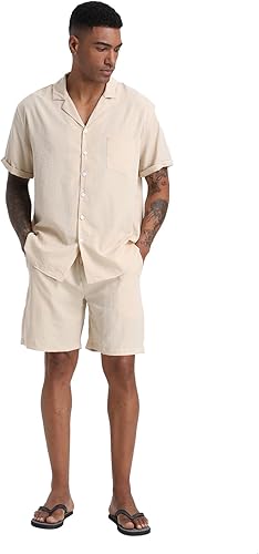 Miniatura 3 de RPOVIG Conjunto de 2 piezas de camisa de lino para hombre, conjunto de 2 piezas con botones, ropa casual de verano, ropa de vacaciones