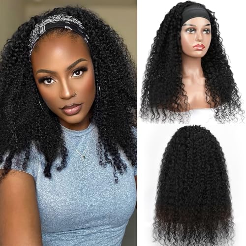 Image of Headband Wig Human Hair Kinky Curly 16 Inch Natural Black | Glueless, None Lace Front, Machine Made, Half Wig, For Black Women