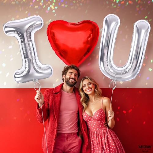 Image of KatchOn, Silver I Love You Balloons for Him- Big 40 Inch | Red Heart Anniversary Day Decorations | Love Balloons for Romantic Night | Red Heart Balloons | Valentines Day Decorations | Valentines Decor