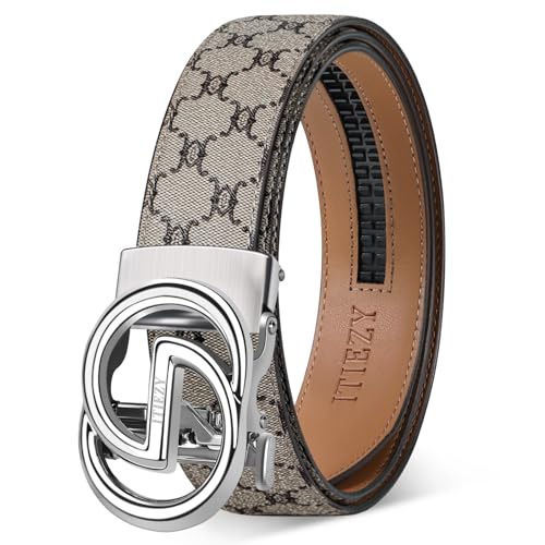 ITIEZY Gürtel Herren mit Vintage-Print, Ledergürtel Ratsche Automatikschließe für Männer Business Anzug, Verstellbarer 35mm Herrengürtel Grau, Größe Angepasst